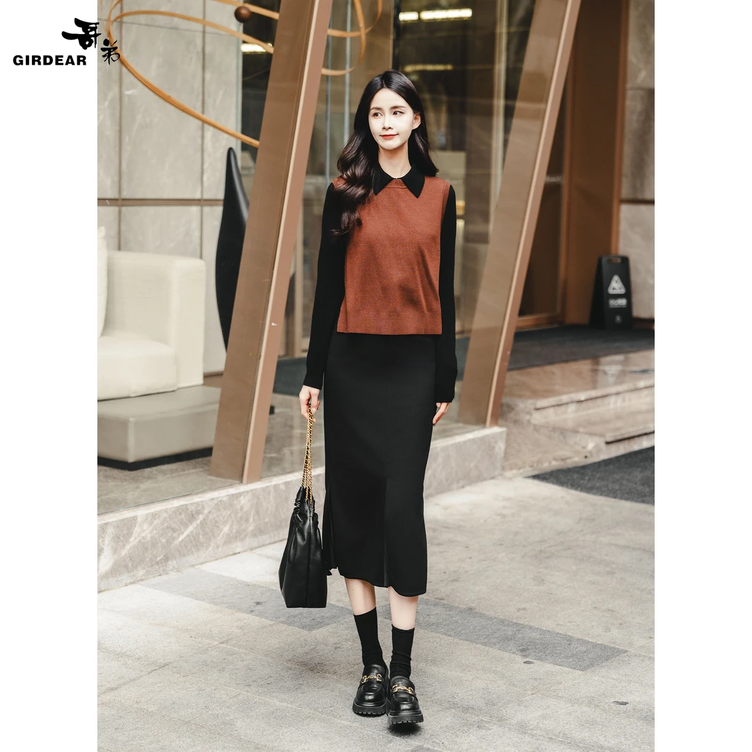 GIRDEAR/哥弟新款显瘦百搭气质中长款高腰开衩鱼尾半身裙 1200232
