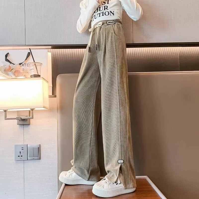 女童秋冬长裤2023新款中大童女孩休闲洋气灯芯绒开叉阔腿裤时尚潮