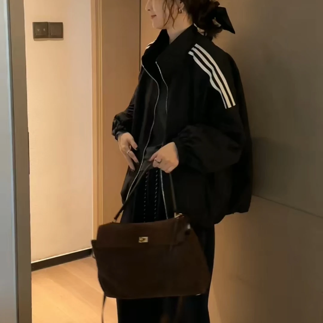 秋冬新款小黑卷韩版复古宽松立领撞色夹棉外套女三条杠冲锋衣上衣