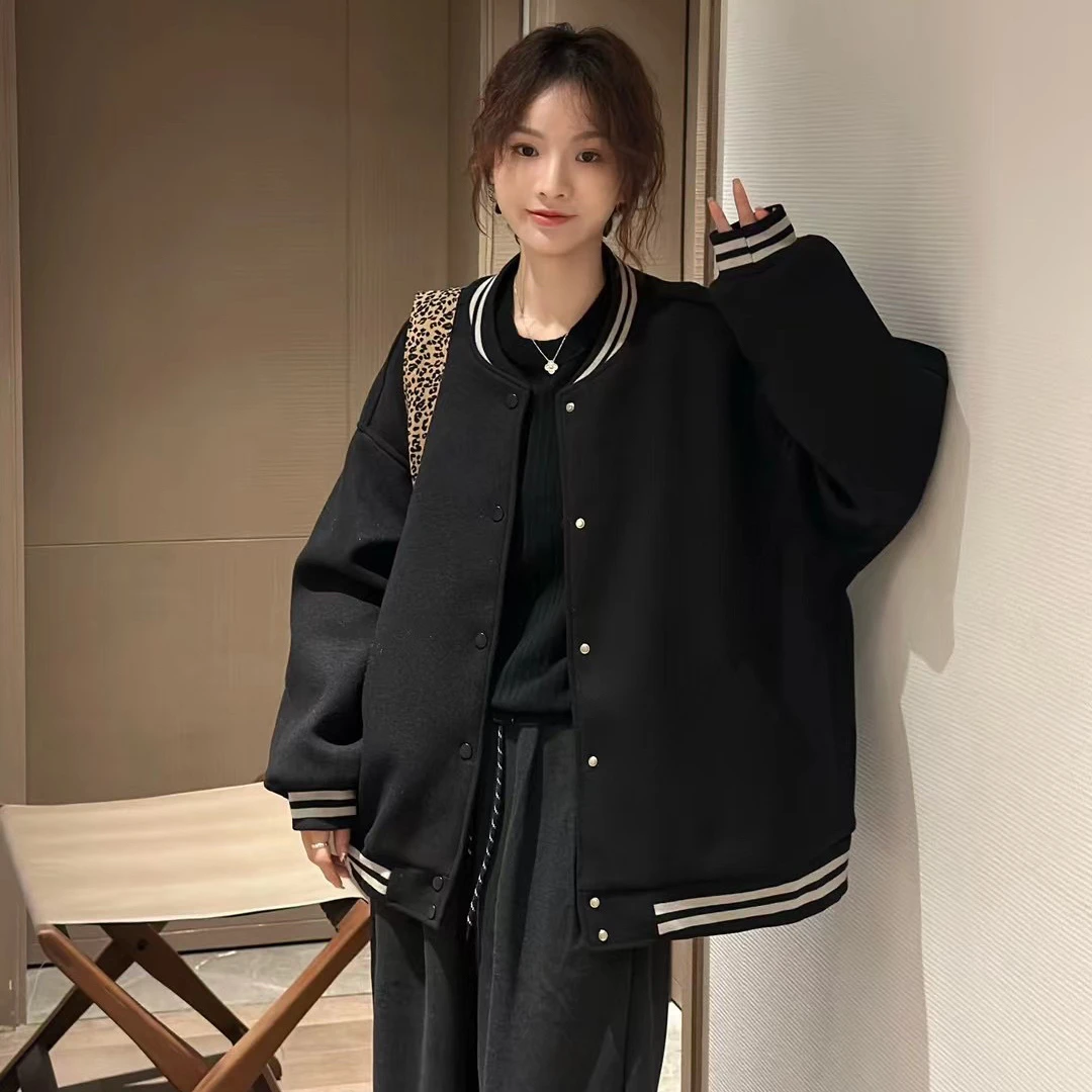 阿梅家小黑卷加棉纯色学院风休闲百搭外套棒球服秋冬款