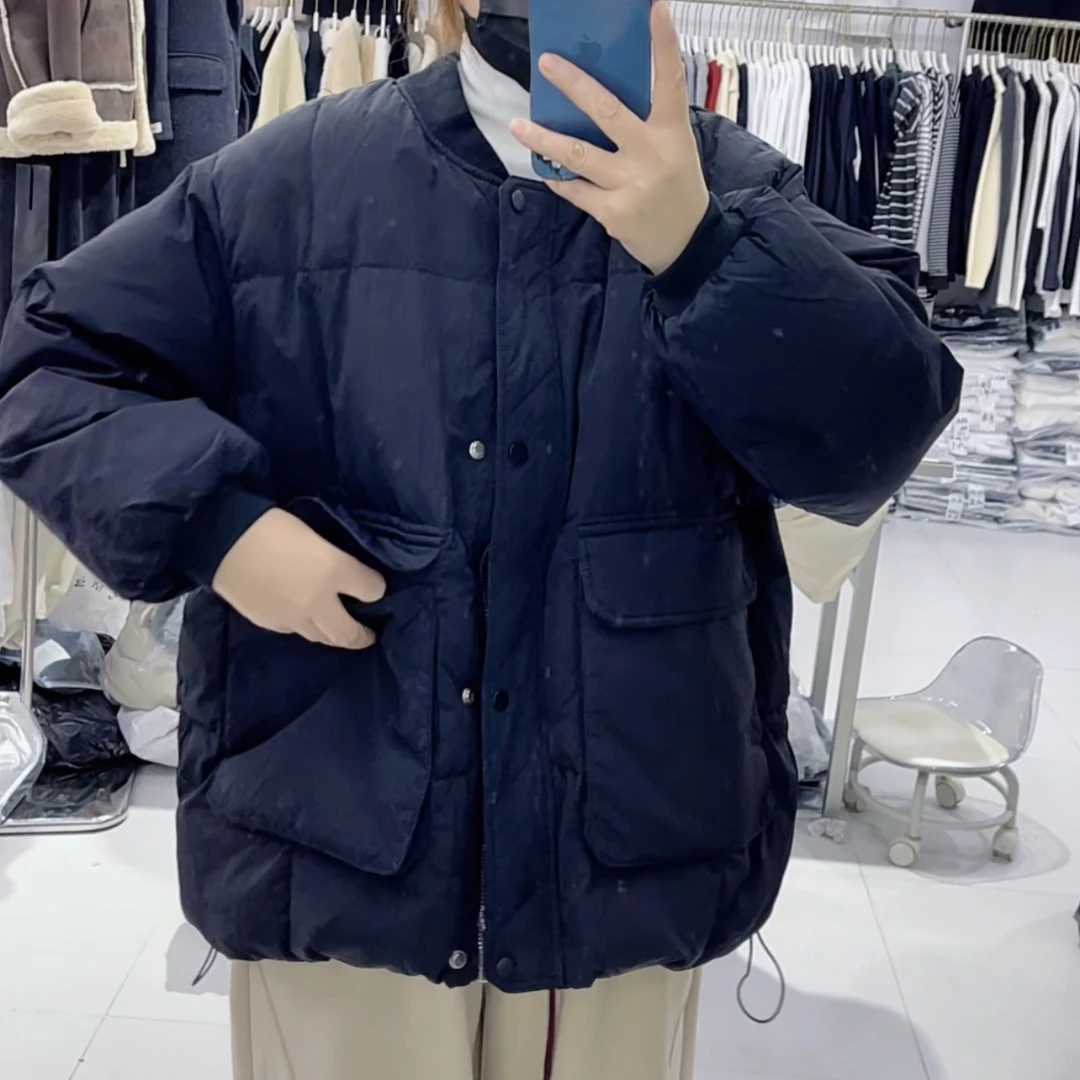 阿梅家2024冬季新款时髦短款外套保暖棒球领大口袋羽绒服女黑色