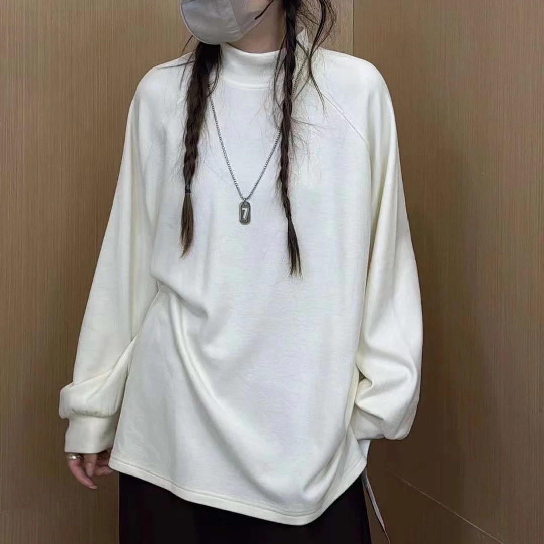 「No退No换」丑笑笑胖mm宽松德绒磨毛半高领长袖T恤女秋冬打底上衣