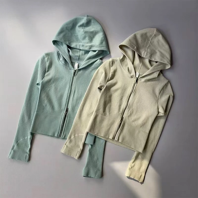 双开链接连帽紧身运动外套女户外跑步训练瑜伽服长袖上衣秋冬