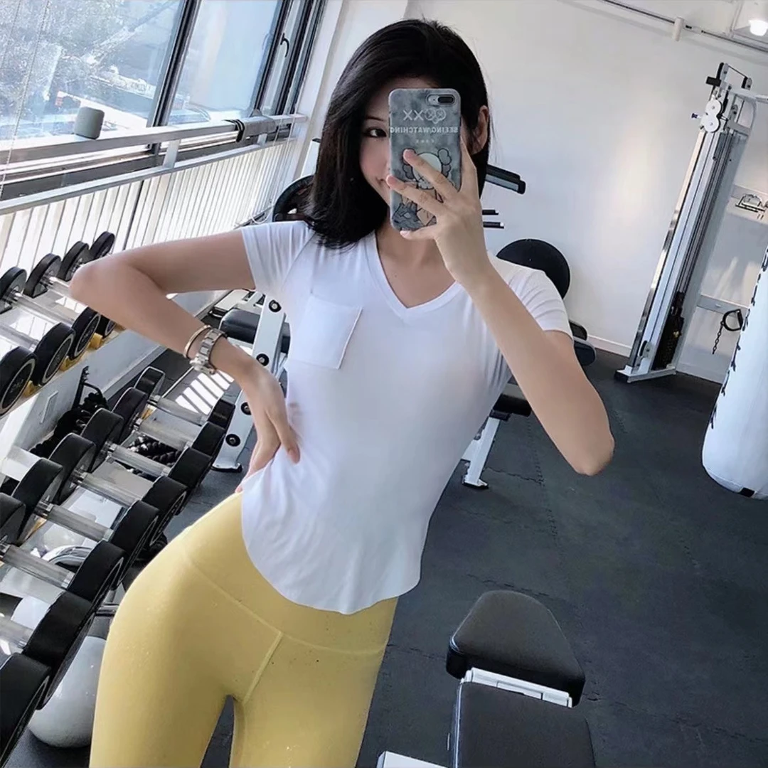 运动T恤女夏季V领簿款跑步透气瑜伽服短袖训练速干显瘦健身上衣