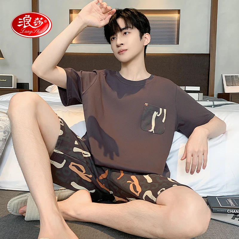 浪莎睡衣男夏季薄款纯棉短袖短裤青少年可外穿休闲大码家居服套装