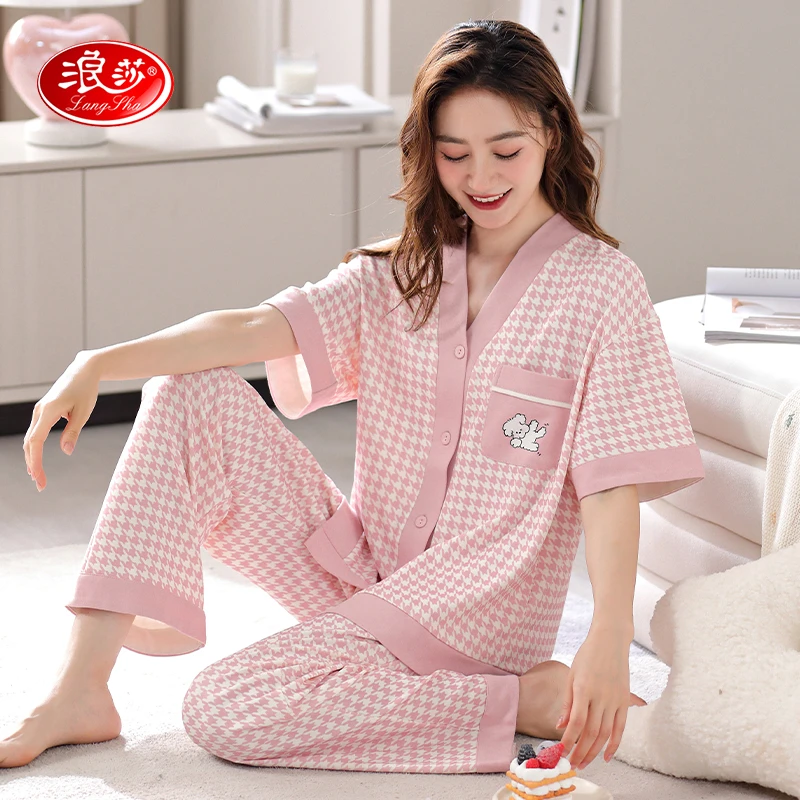 浪莎睡衣女夏季薄款纯棉V领短袖长裤大码宽松甜美可爱家居服套装