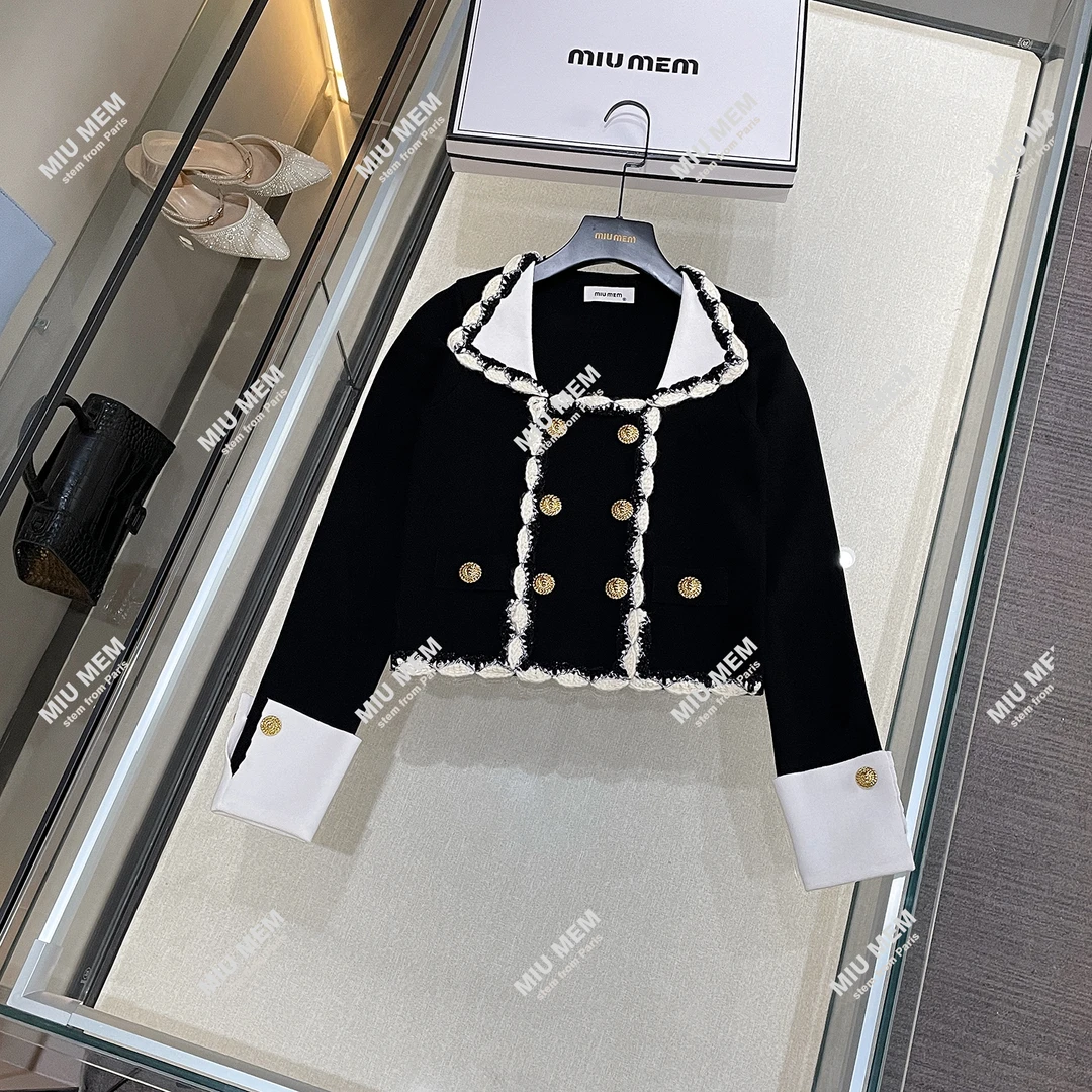 新MIUMEM冬季新款法式名媛气质撞色边翻领双排扣短外套DY5793