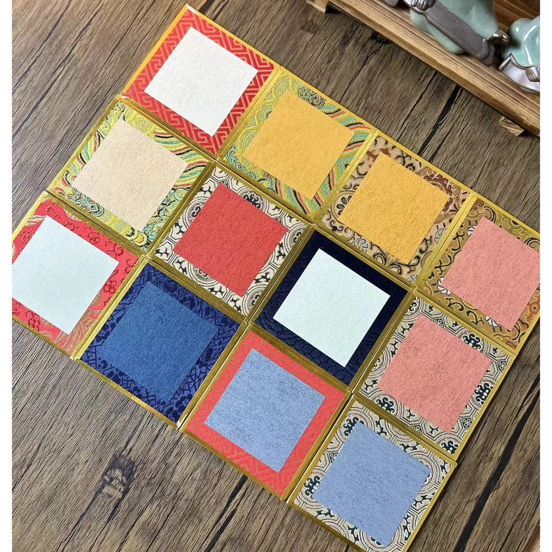 【宋锦绫布迷你加厚褚笺硬卡】8.5厘米方形文创国风小楷半生熟宣纸