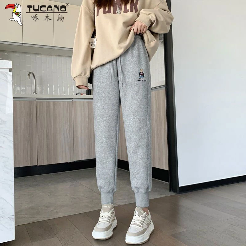 啄木鸟春秋韩版新款刺绣哈伦裤女宽松时尚显瘦小个子外穿休闲卫裤