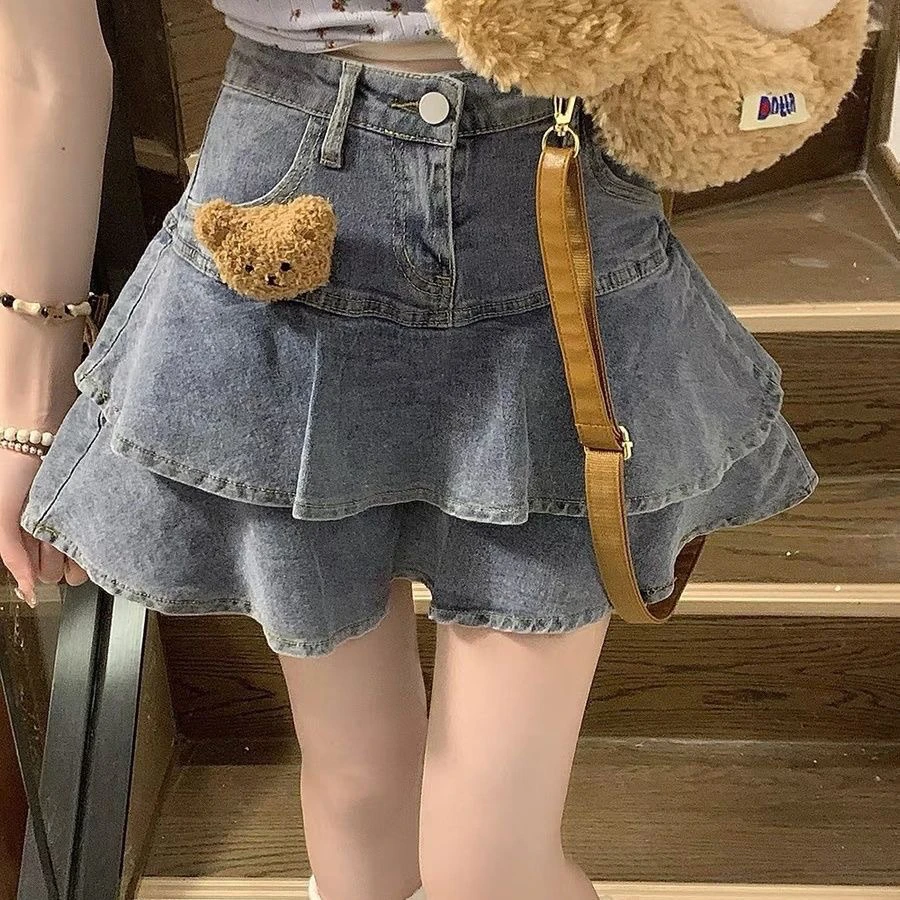 女童半身裙高腰短裙荷叶中大童牛仔裙2024显瘦夏季新款设计蛋糕爆