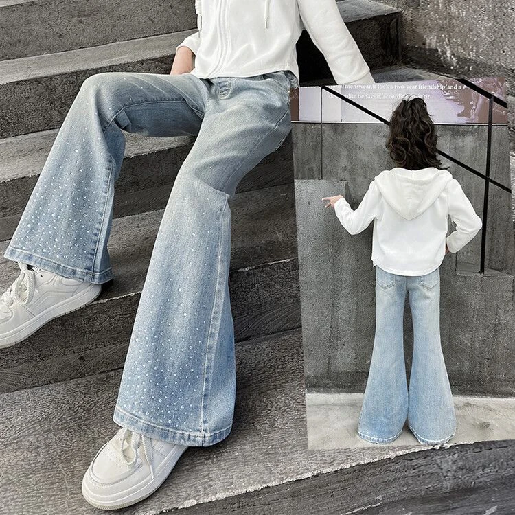 女童喇叭裤2024中大童女孩烫钻牛仔裤儿童春秋薄款洋气宽松喇叭裤