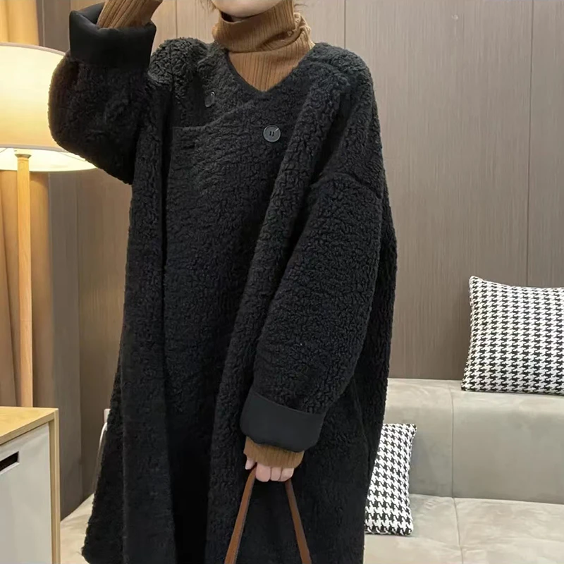 冬季羊羔毛长款外套女宽松圆领加厚环保皮草韩版皮毛一体毛茸大衣