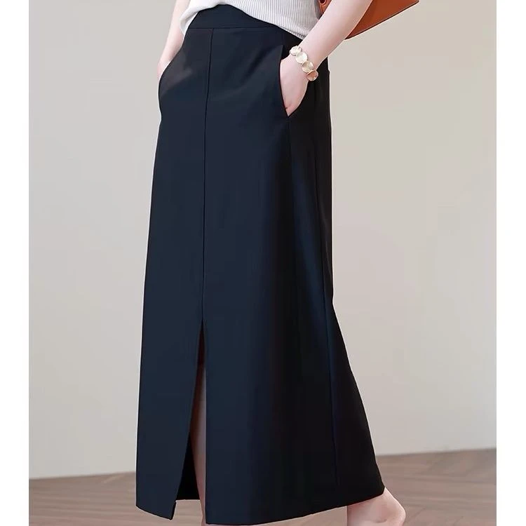 大码高腰显瘦复古前开叉黑色半身裙直筒裙春夏新款不显肚子A字裙