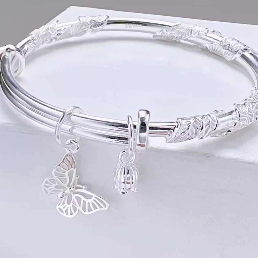 足银手镯 【A829】25克999.9繁花似锦蝴蝶精美百搭时尚推拉手镯