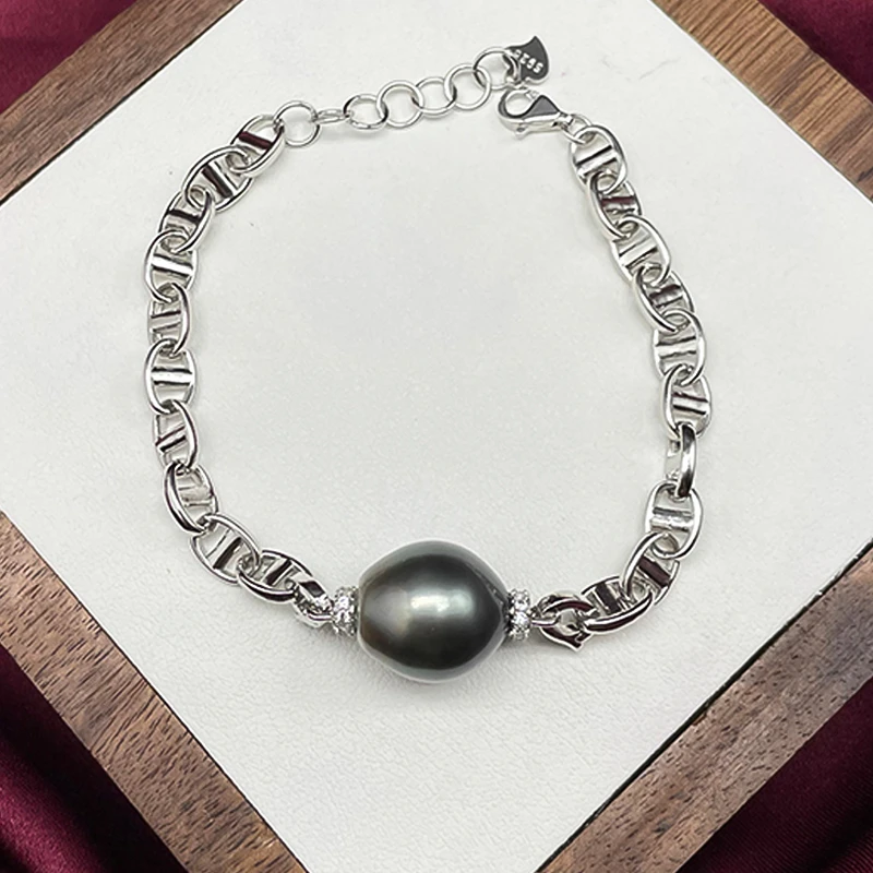 猪鼻子款单珠大溪地黑珍珠海水珍珠手链近圆925银多样性发一