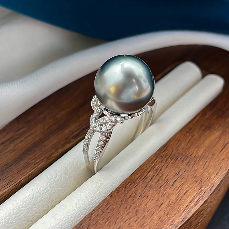 11-12mm大溪地黑珍珠戒指海水925银开口近圆精致时尚多样性发一