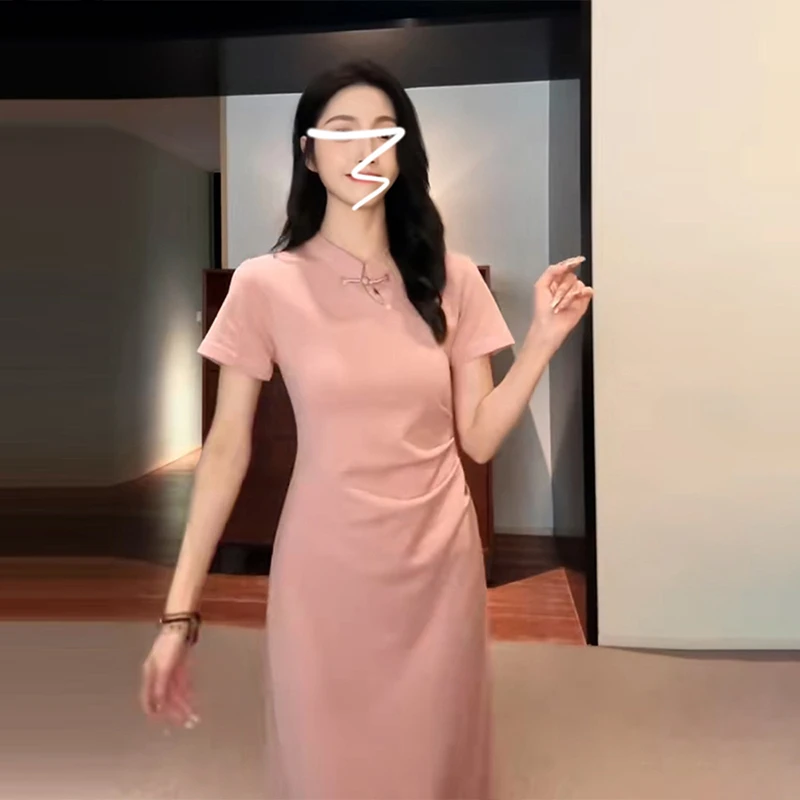 新中式改良旗袍连衣裙子女夏季2025年新款粉色国风小众长裙1581