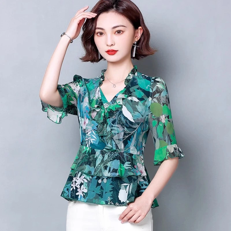 真丝衬衫女士上衣2024夏季新款高级感别致小衫桑蚕丝时尚印花衬衣