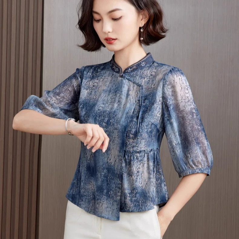 国风桑蚕丝真丝上衣夏季新品气质时尚复古文艺中国风高端刺绣小衫