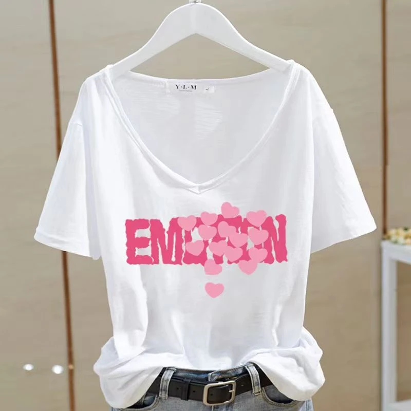 白色v领短袖上衣韩版字母印花宽松时尚学生百搭打底减龄女t恤显瘦
