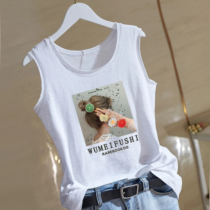 圆领竹节棉背心女夏季新款韩版宽松休闲印花内搭无袖t恤外穿上衣