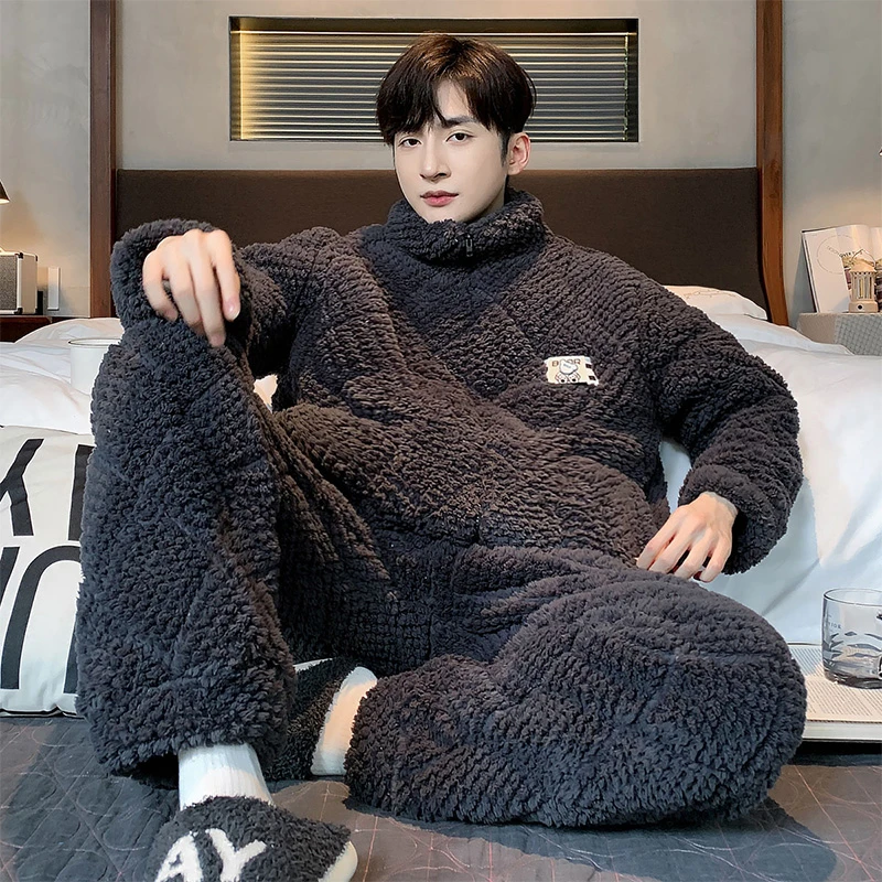 【工厂澈柜】珊瑚绒睡衣男士秋冬季三层加厚夹棉简约家居服套装