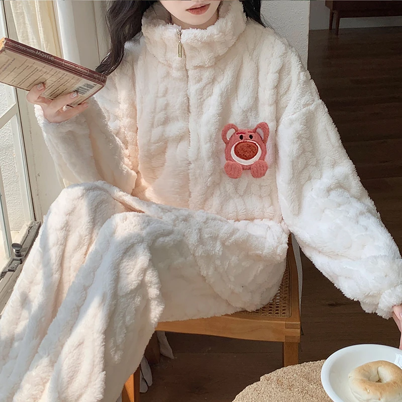 【工厂直销】珊瑚绒睡衣女秋冬季加厚保暖卡通可爱家居服两件套装