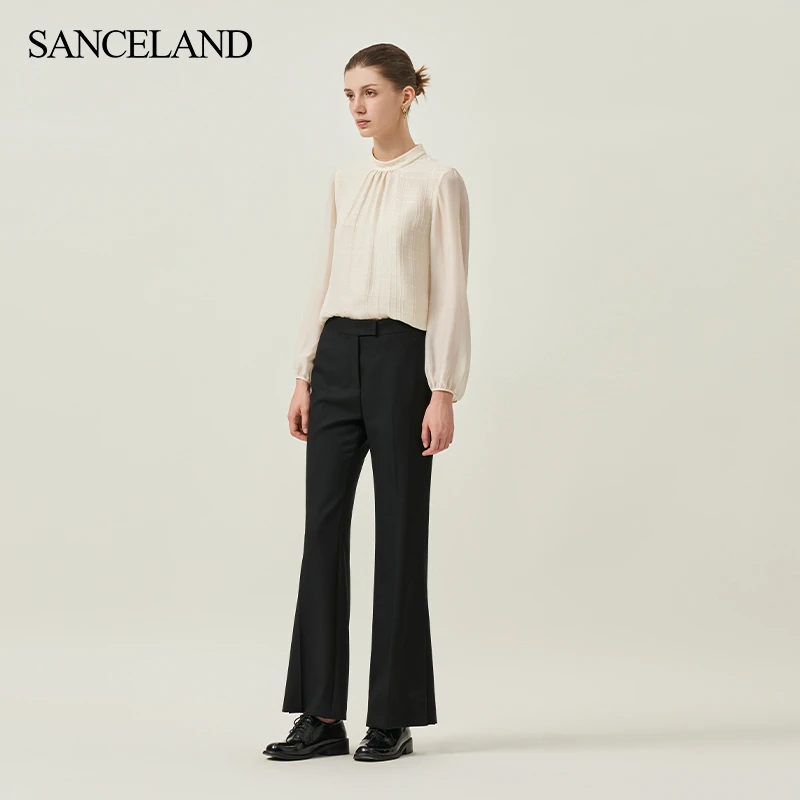 SANCELAND/三石一澜秋新品微喇裤黑色显瘦长裤SI32103062