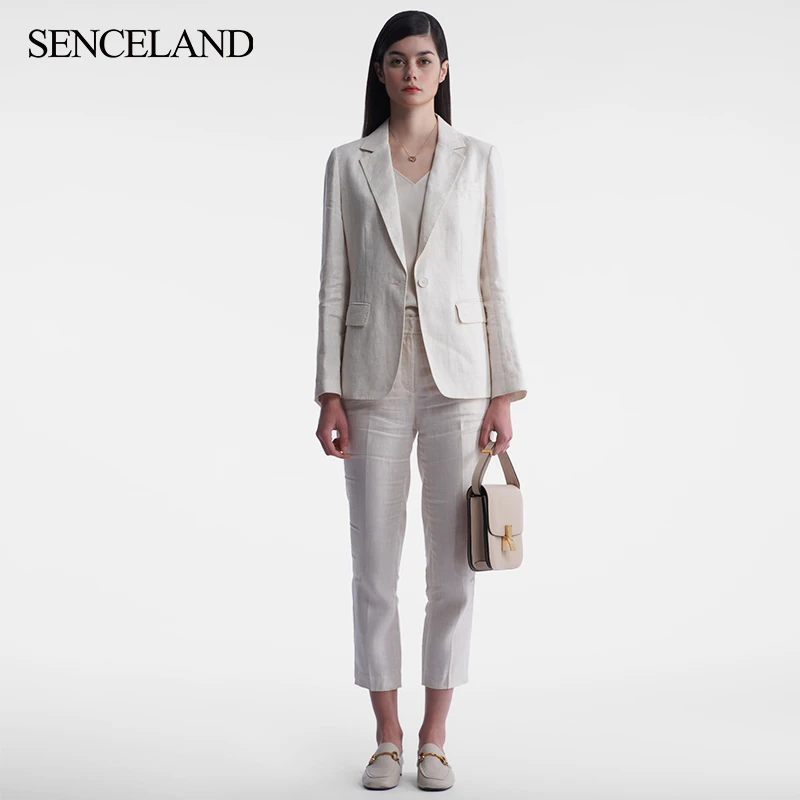 SANCELAND/三石一澜女士西装外套一粒扣棉麻西服SG25101023