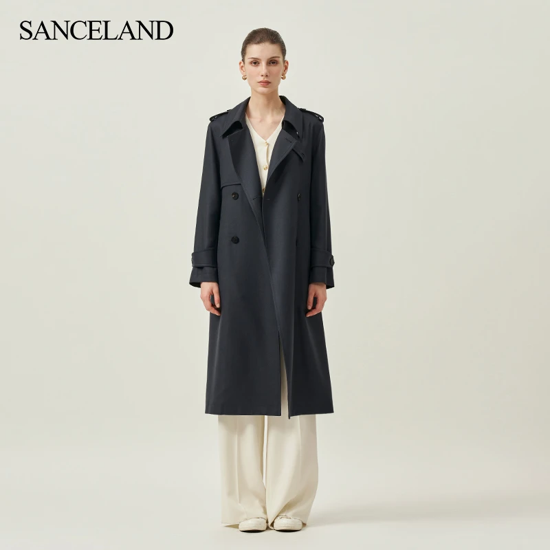 SANCELAND/三石一澜秋新H型衬衣领长款双排扣风衣外套SI35204055