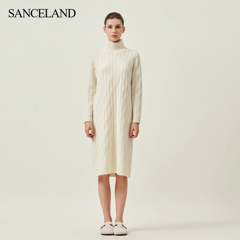 SANCELAND/三石一澜复古麻花针织连衣裙高领羊毛羊绒裙SI34203035