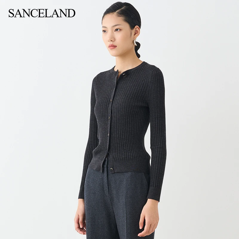 SANCELAND/三石一澜绵羊毛针织外套单排扣毛衫开衫SG35501010