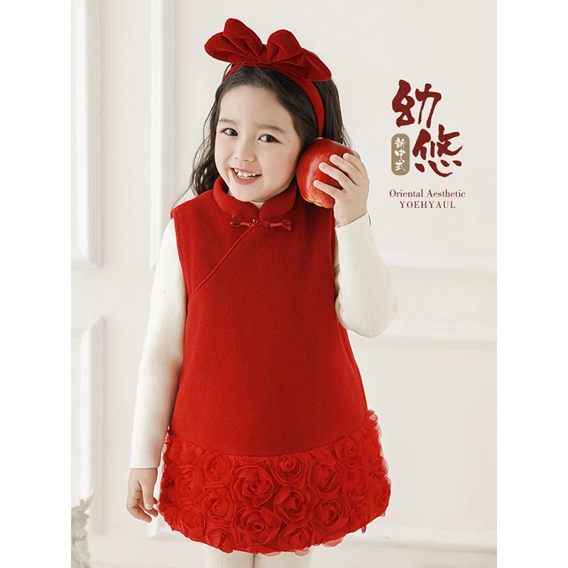 幼悠【中式玫瑰】冬六波新中式中国风红色加厚无袖女宝背心裙 D3972