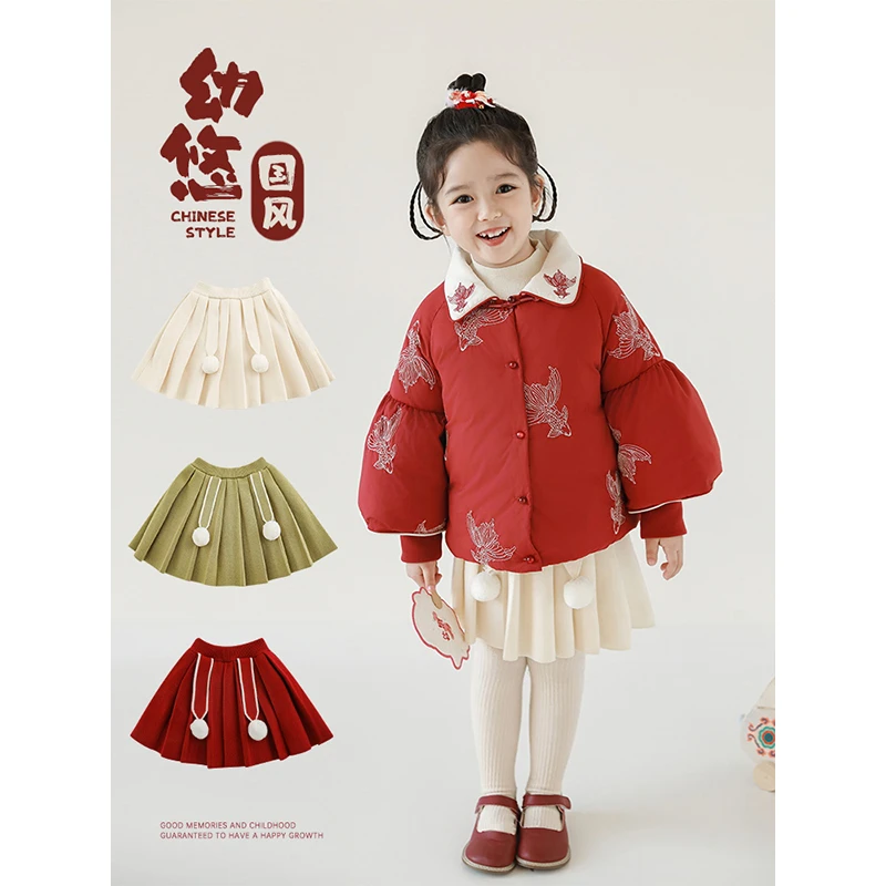 YOEHYAUL/幼悠D3918【亦步亦趋】冬六波加厚中国风毛球短裙潮