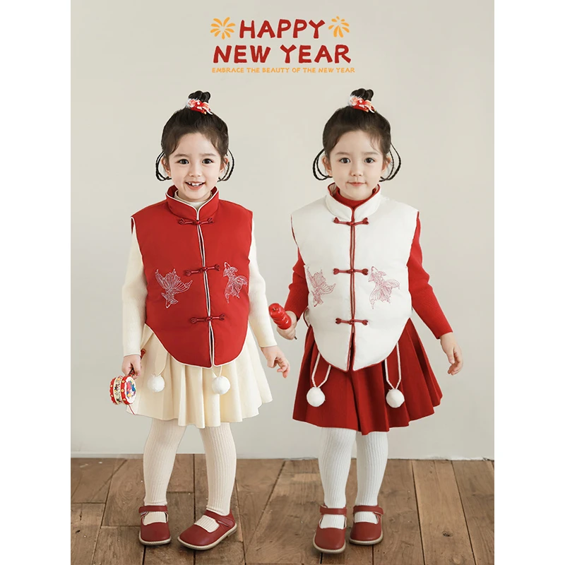 清  幼悠【织造雅致】冬六波中国风加厚冬红色保暖女宝马甲 D3754