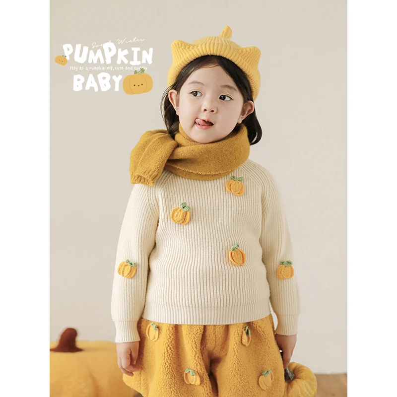 幼悠 冬三波【南瓜精灵】手工钩花南瓜粗针厚织女童冬季毛衣 D3744