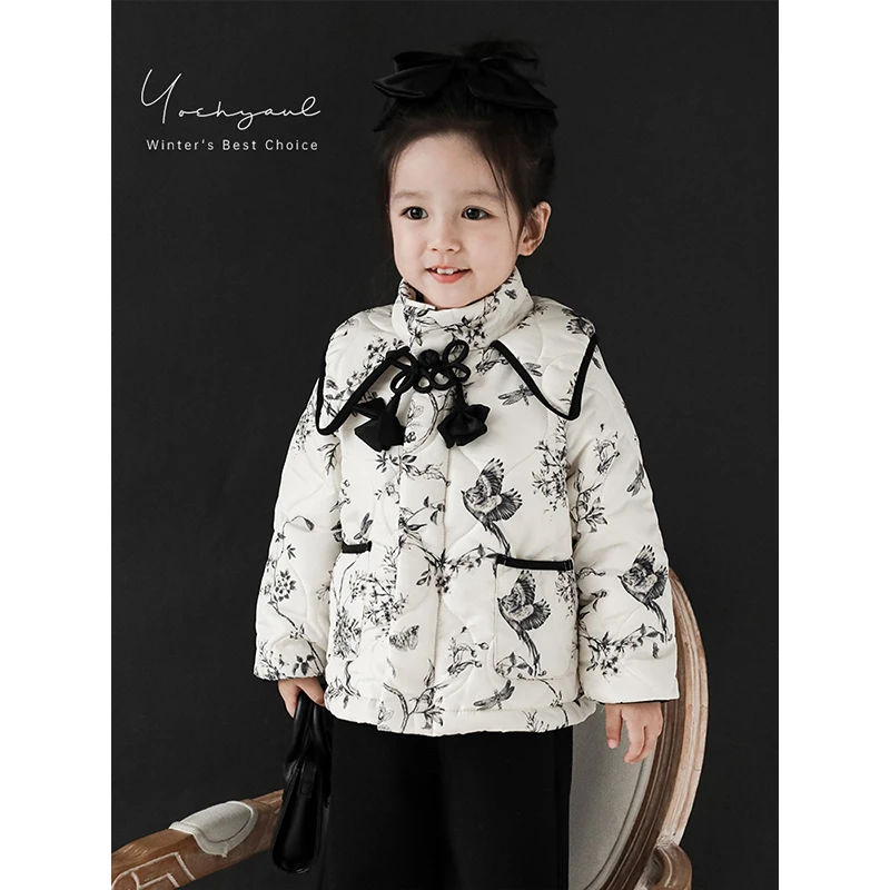 幼悠儿童洋气短款时尚百搭女童舒适碎花翻领中国风加厚棉衣 D2928