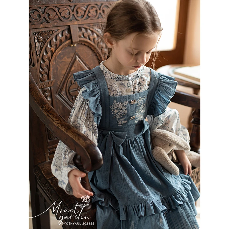 清 幼悠【莫奈少女】连衣裙套装真两件儿童法式碎花复古童装WC0049