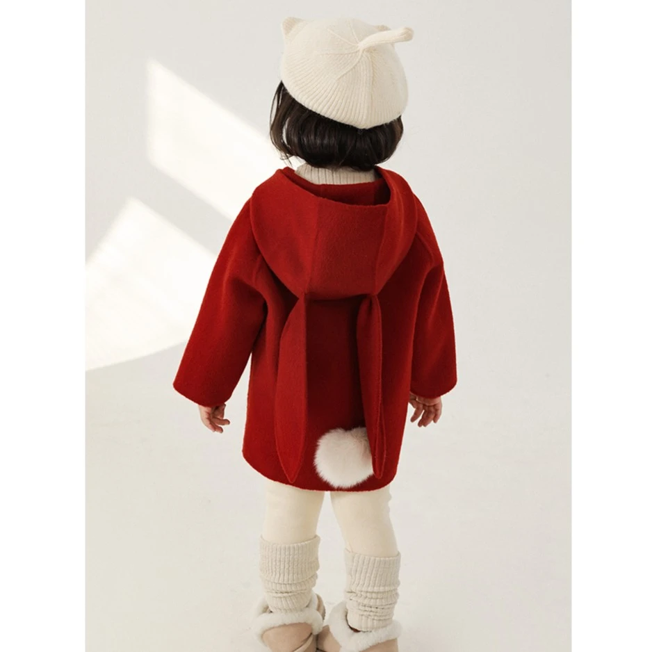 幼悠女童兔耳呢大衣中长款冬季儿童萌趣可爱防风保暖外套 LD0005