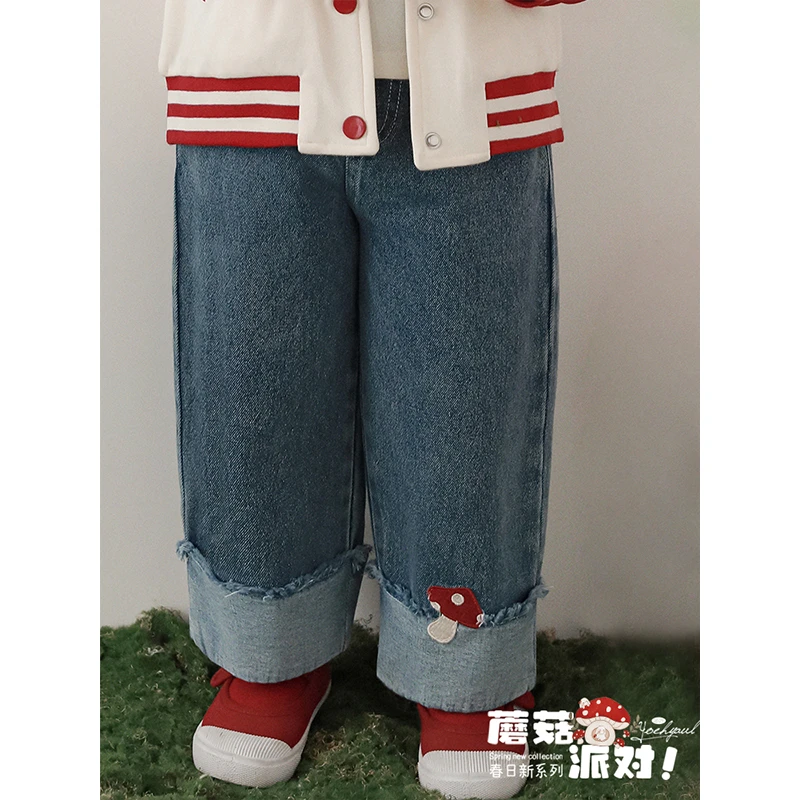 幼悠【蘑菇派对】春一波女童时髦洋气 韩版直筒宽松春秋牛仔裤C2925