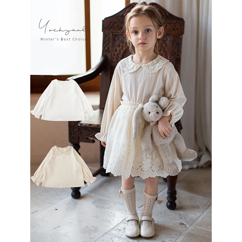 幼悠女童蕾丝翻领衬衫2025新款春秋季柔美花边纯色休闲上衣C2929