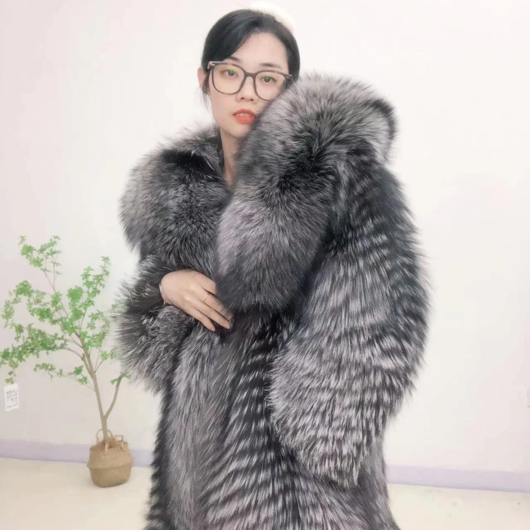 蘭苕诗禾进口银狐整皮米车条皮草外套披肩帽时尚显瘦洋气百搭长款