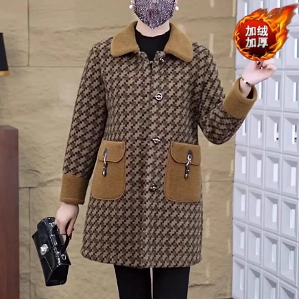 中老年女装秋冬季加绒加厚中长款外套时尚保暖妈妈装翻领大衣