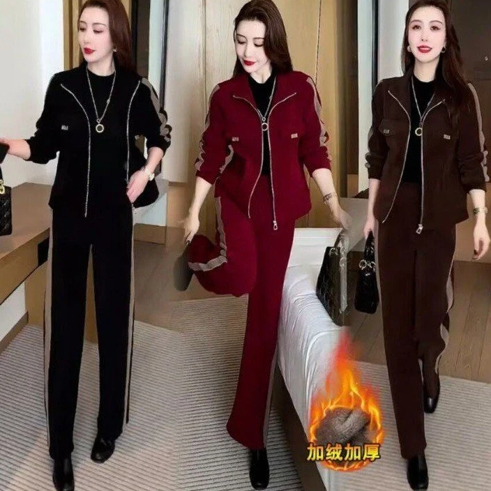 2024秋冬新款加绒加厚两件套休闲套装外套女