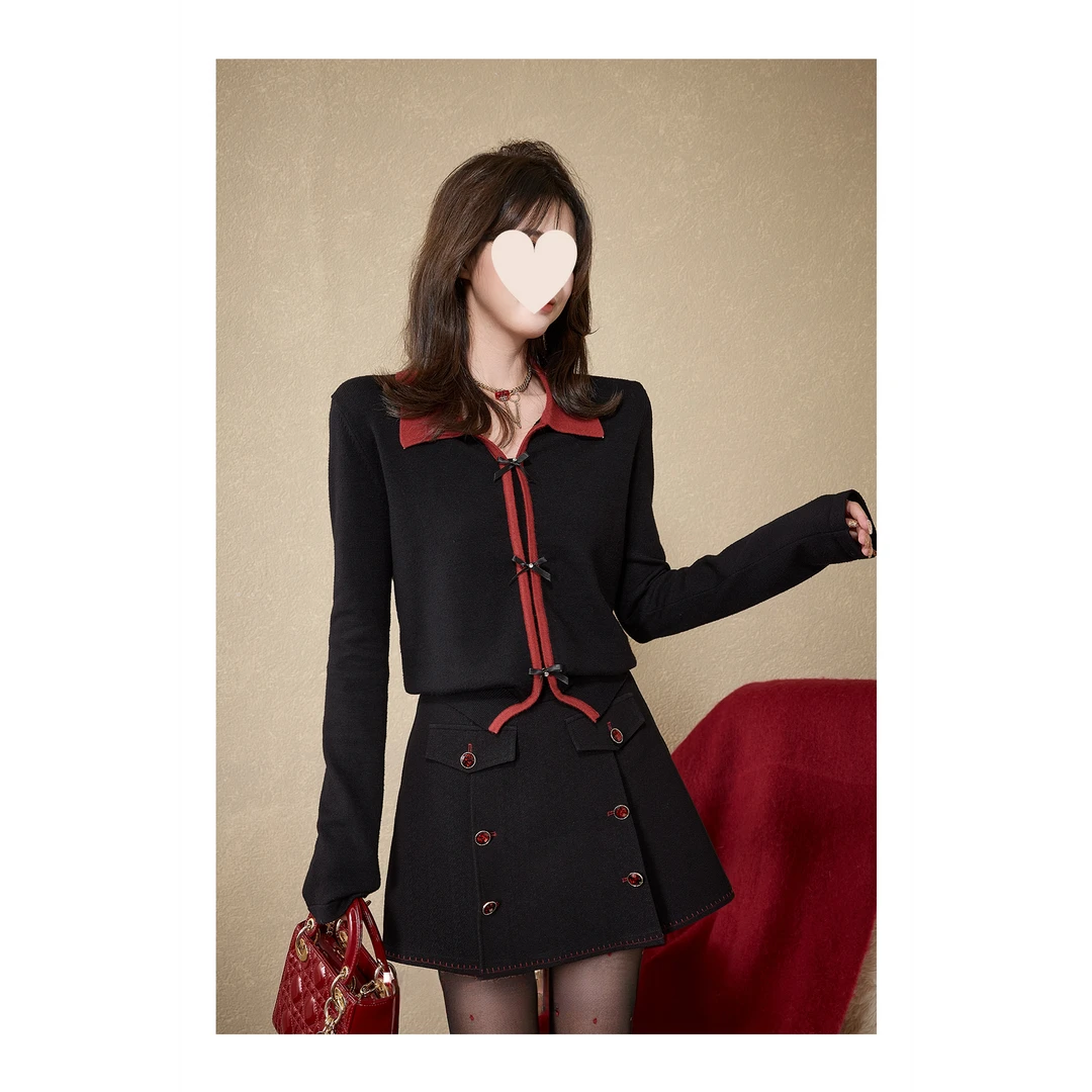 朗姆热红酒毛织衫撞色拼接v领针织修身显瘦毛衣设计感时尚套装