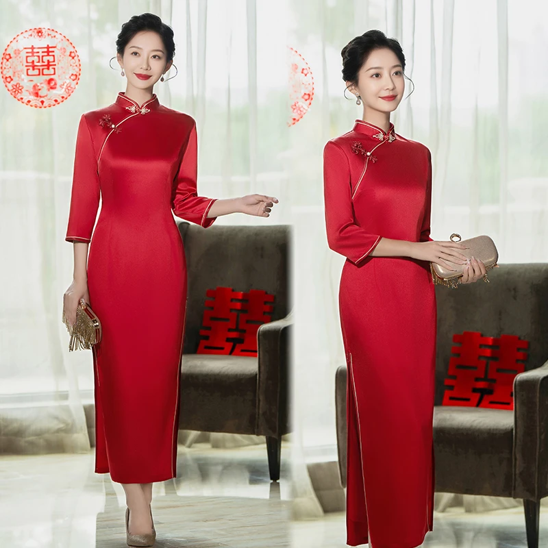 高贵醋酸缎中国风旗袍式连衣裙新娘妈妈喜婆婆喜妈妈婚庆结婚礼服