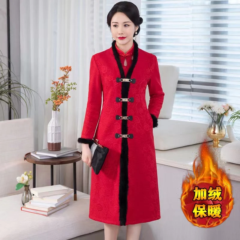 加绒旗袍套装加厚保暖外套秋冬款改良提花新中式中长款雅丹风外套