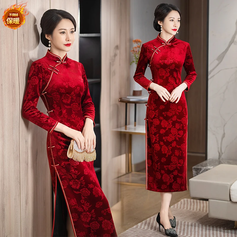 韩国绒加绒压花弹力中国风旗袍长款八扣旗袍妈妈装回娘家宴会礼服