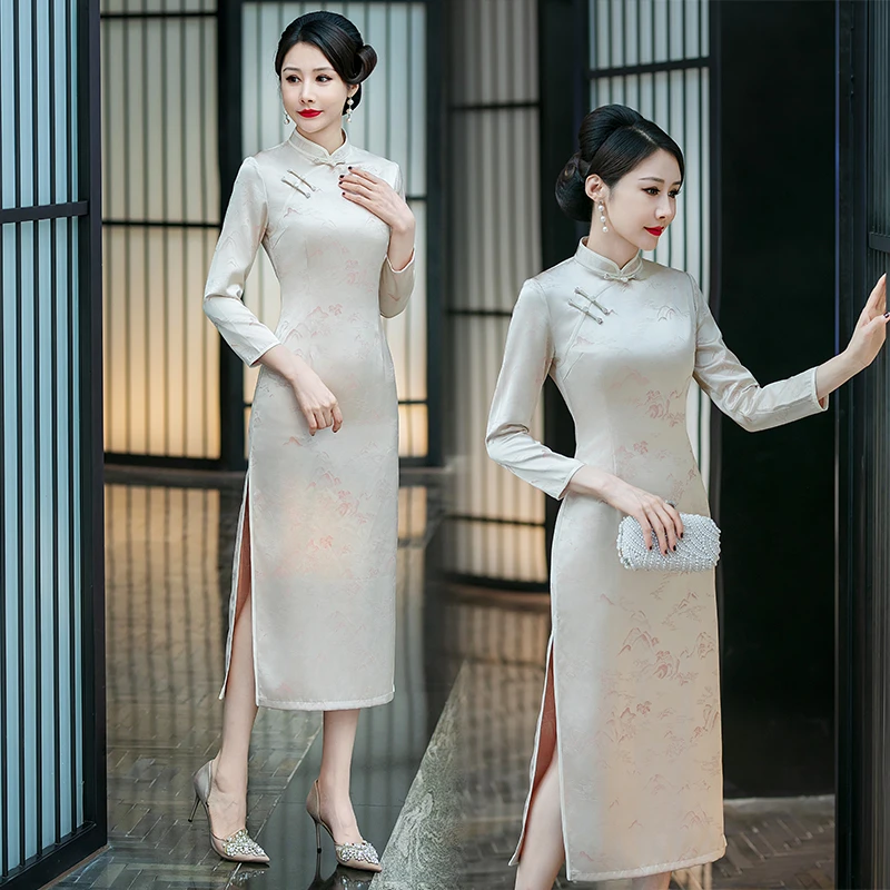 秋季新品醋酸织锦缎长款年轻长袖妈妈装日常宴会走秀高档婚庆礼服