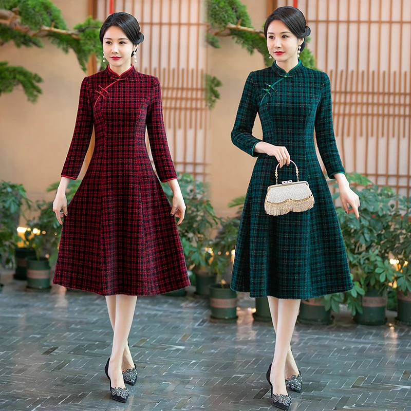 高档改良旗袍秋冬款中长款连衣裙中国风年轻遮肉加厚妈妈旗袍裙